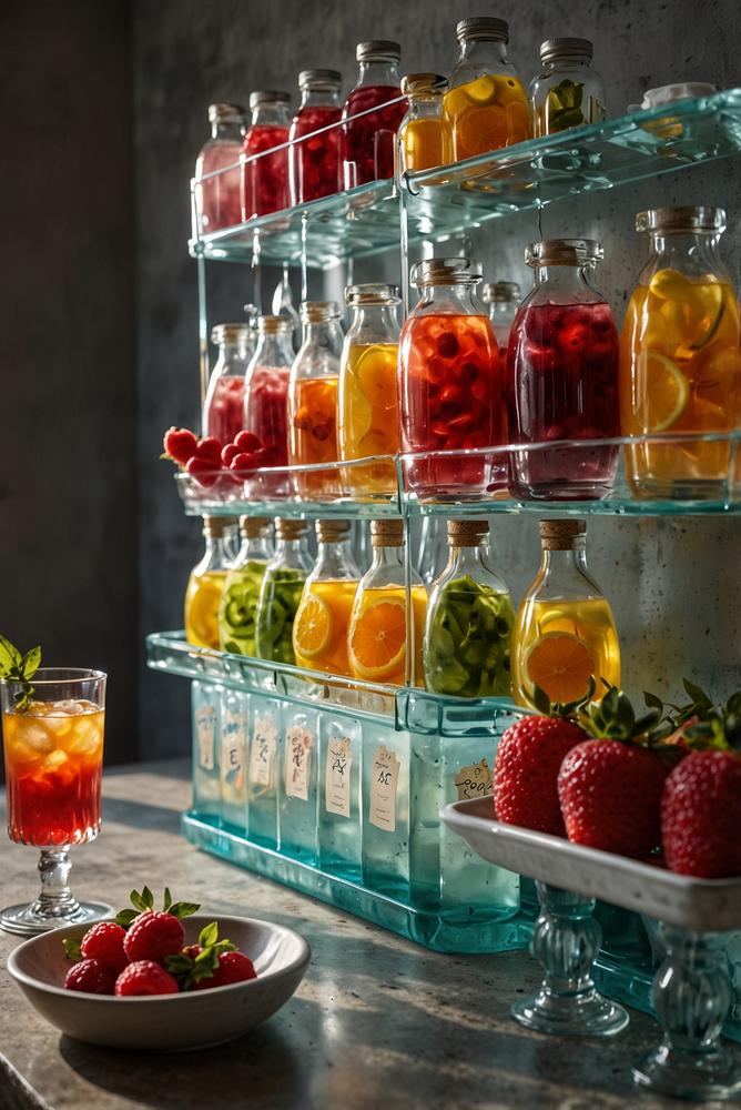 Helle Mocktail-Sirup-Station mit bunten Zutaten