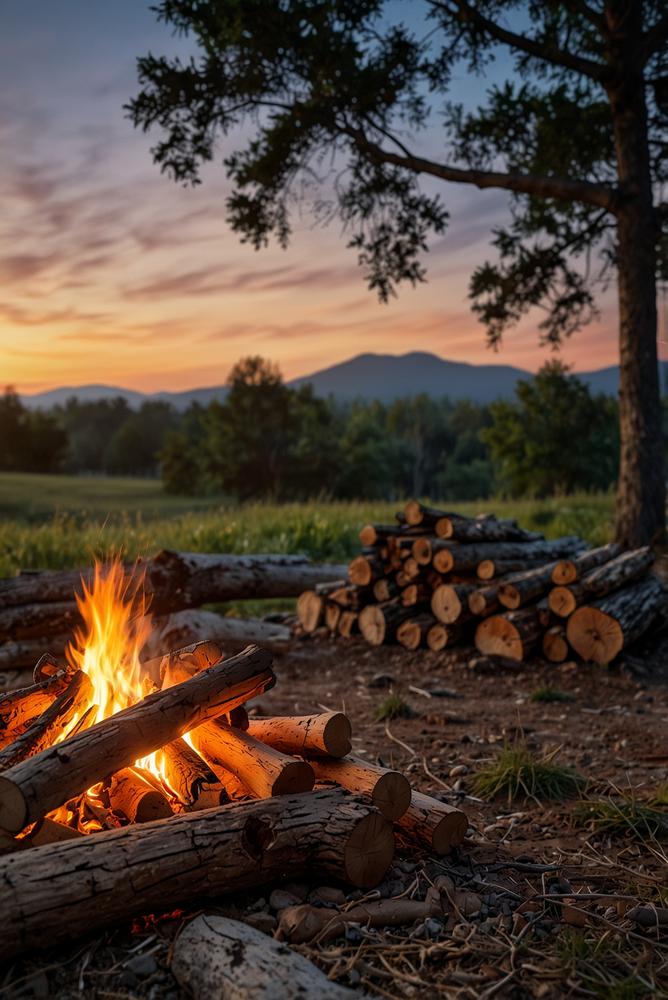 Gemütlicher nachhaltiger Lagerfeuerabend draußen in der Natur