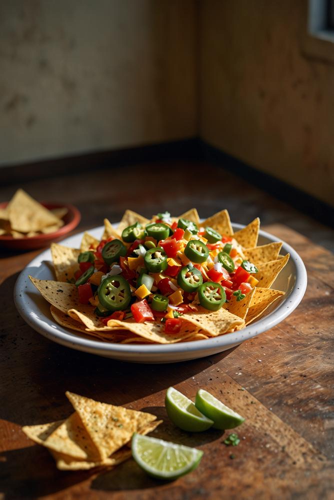 Helle Nacho-Platte mit bunten Toppings und Dips für Karneval
