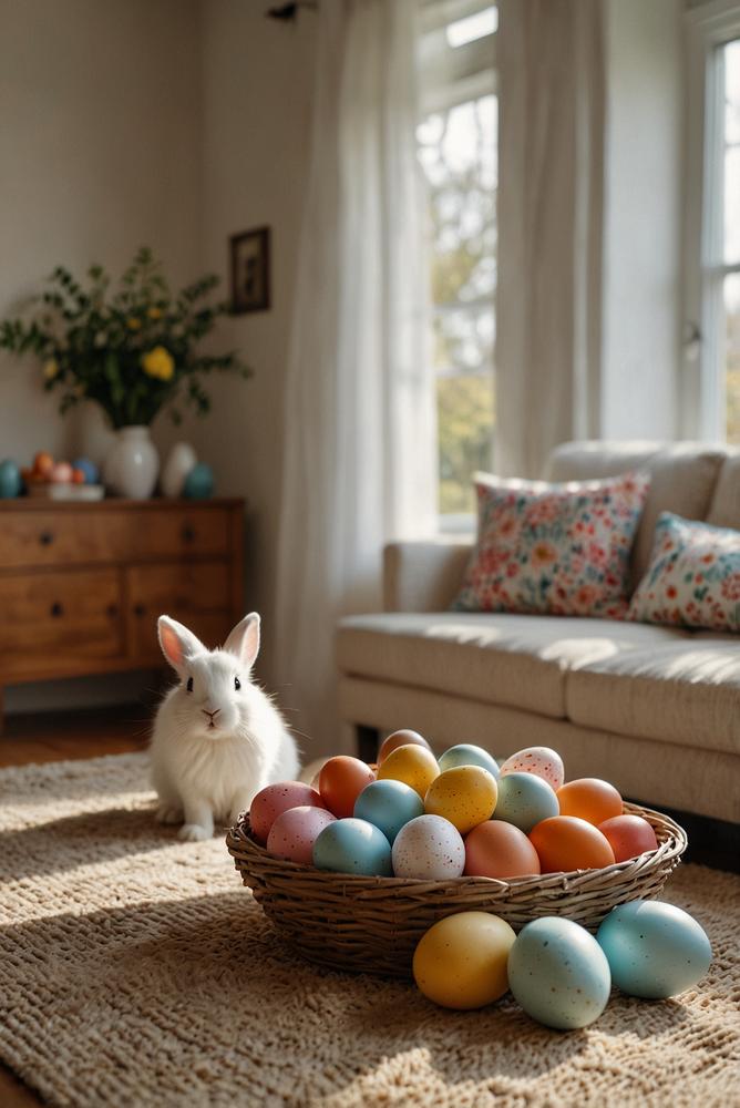 Hell erleuchteter Raum mit Osterdeko und Eiersuche