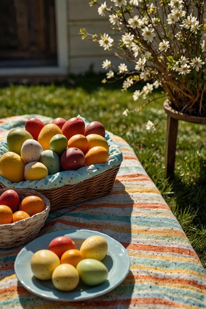 Helles Gartenpicknick zu Ostern mit Dekoration und Essen