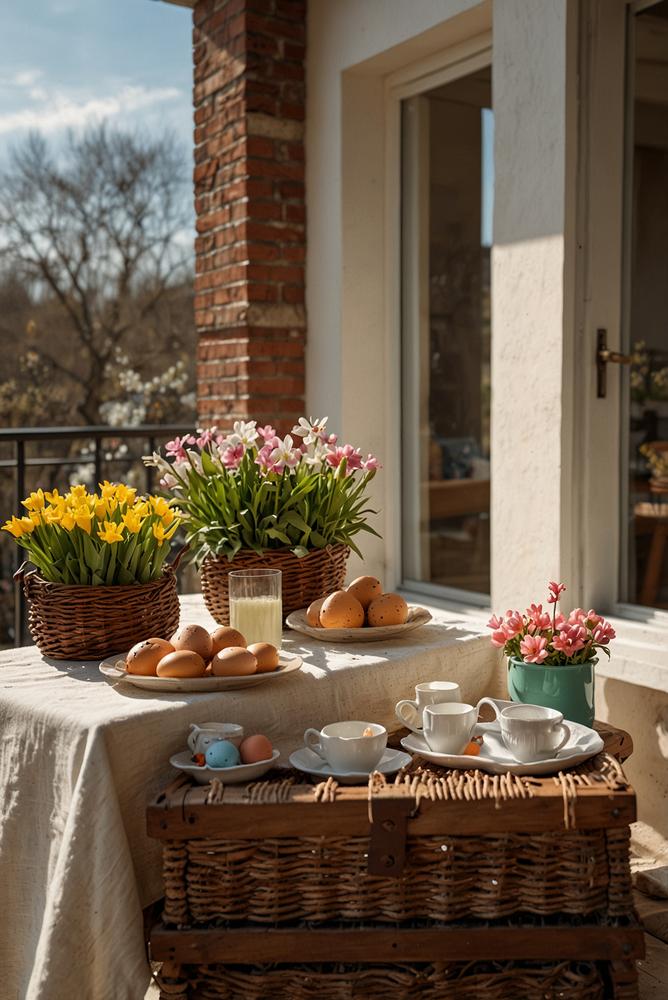 Helles Oster-Picknick auf dem Balkon mit Frühlingsdeko