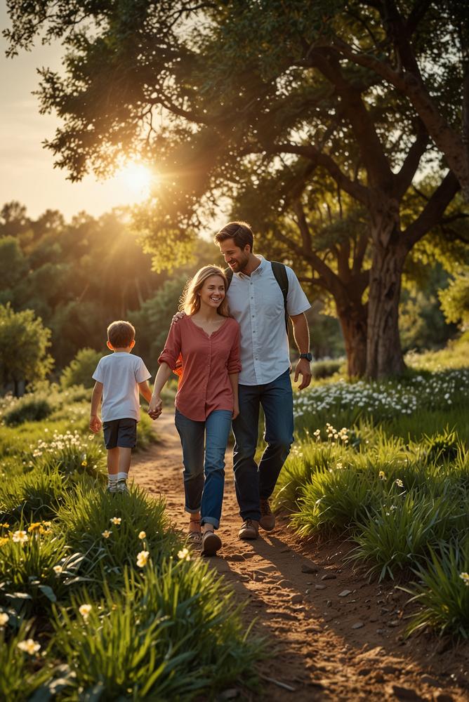 Familie bei Oster-Sonnenaufgangs-Wanderung in der Natur