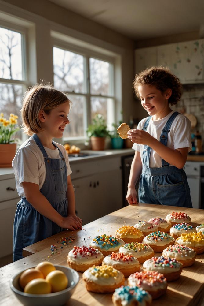 Helles Wohnzimmer mit Familie beim Ostergebäck backen