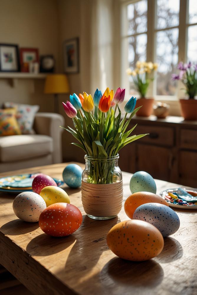Helle, einladende Osterbastelstunde mit Familie und Kindern