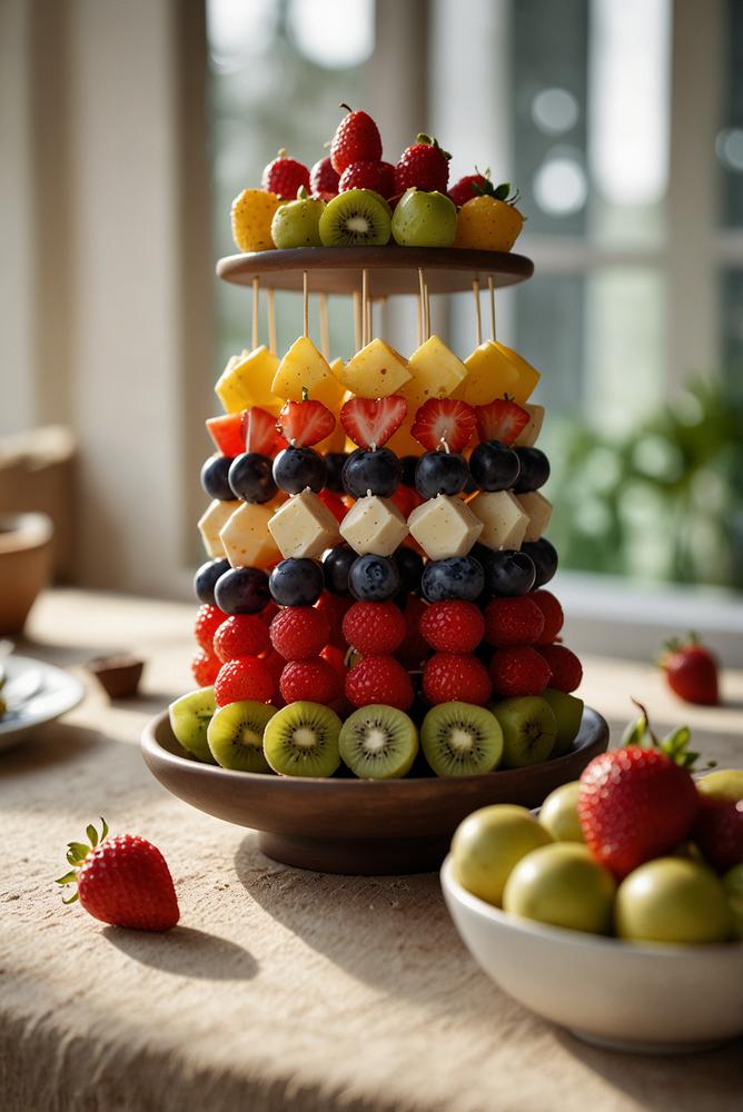 Bunte Obstspieße mit Schokodip für Osterbrunch