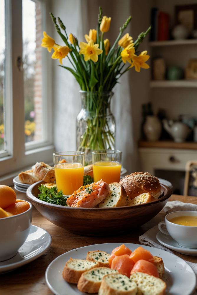 Heller, einladender Osterbrunch mit Fruehlingsdeko
