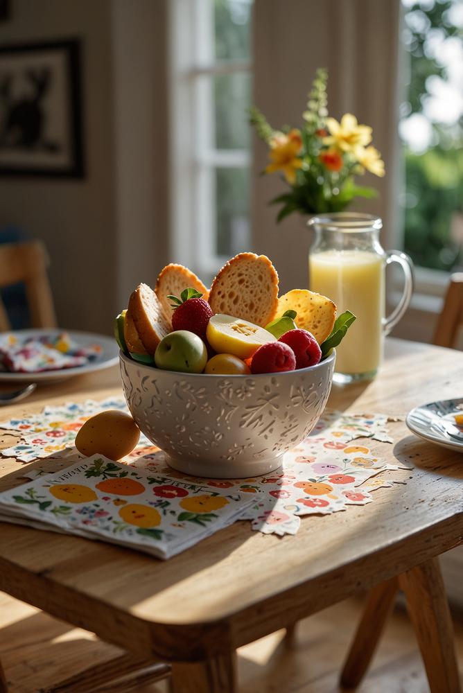 Heller Osterbrunch mit toastgestempelten Brotscheiben und kindgerechtem Tisch