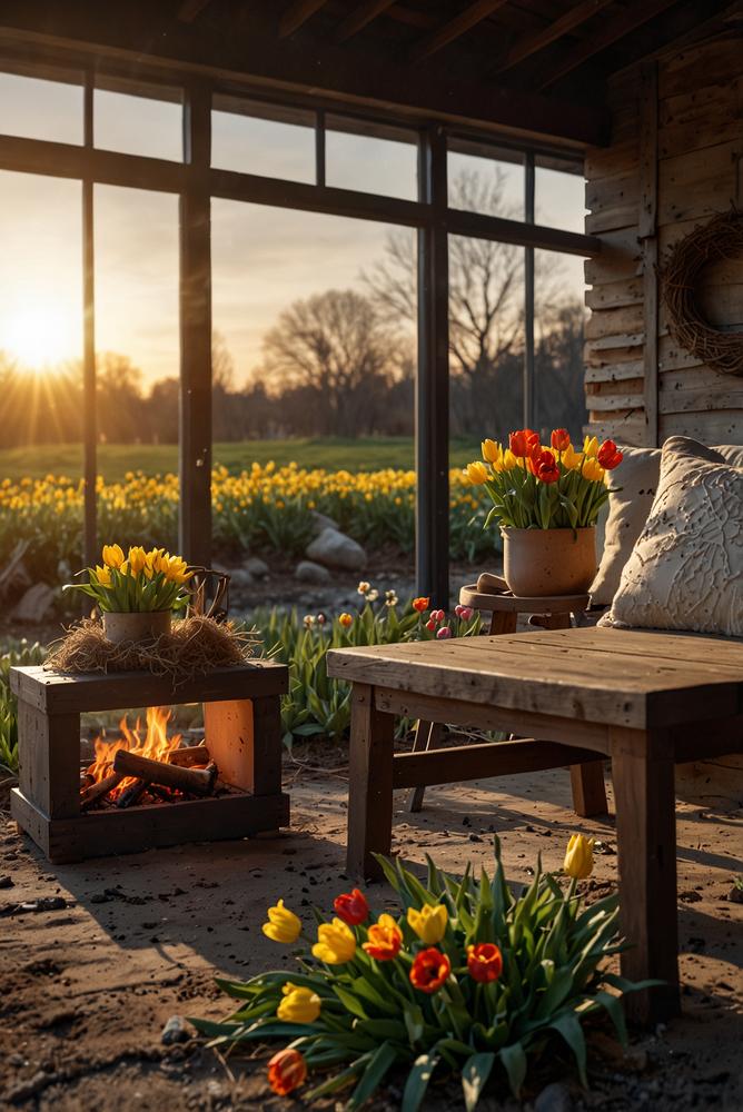 Osterkranz und Frühlingsblumen am Lagerfeuer auf Tisch