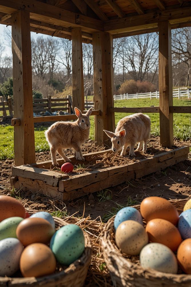 Helle Ostereier-Fuetterstation auf dem Kinderbauernhof mit Kindern
