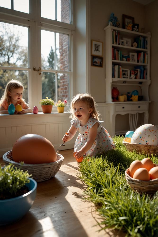 Kinder beim Ostereier-Staffellauf im Garten mit Löffeln