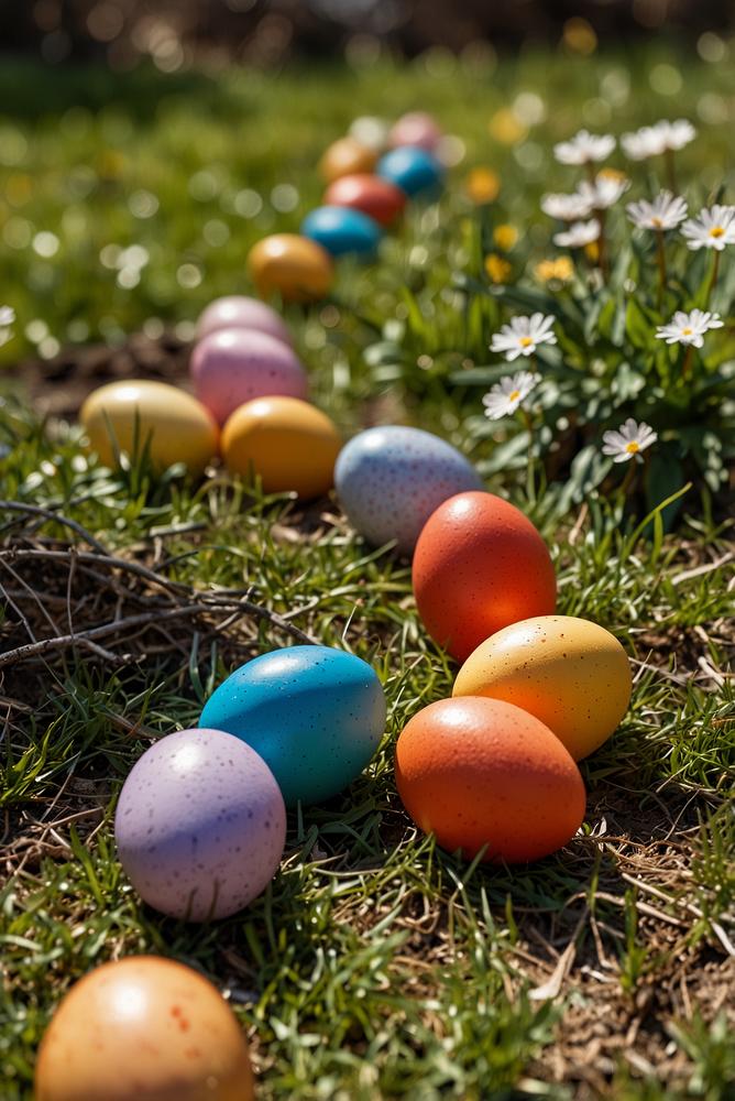 Kinder spielen Ostereier-Wasserparcours im Garten hell