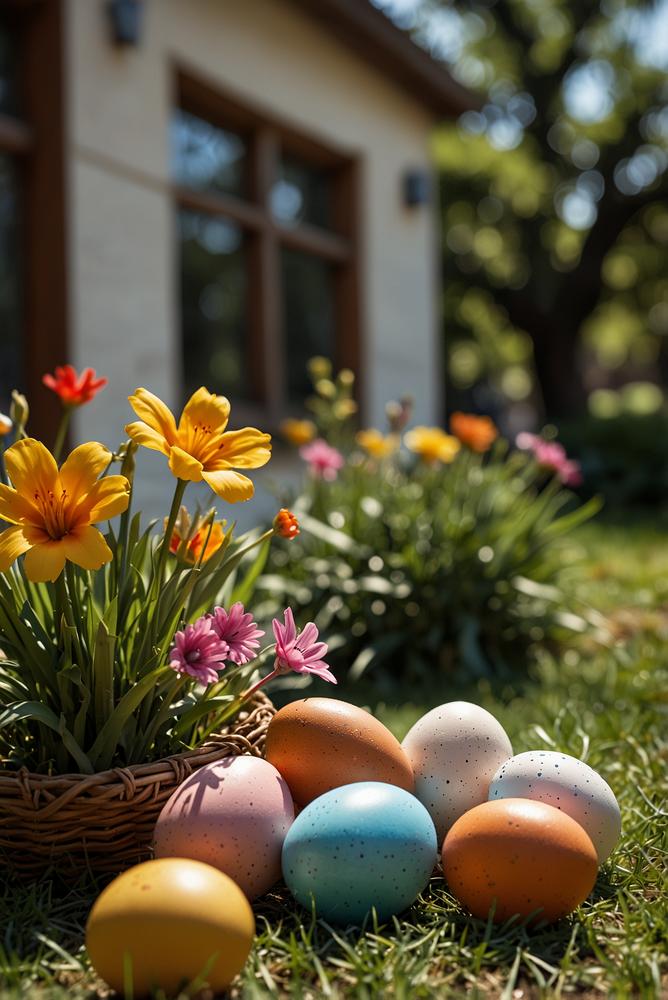 Heller Garten mit Ostereiersuche und bunter Frühlingsdeko