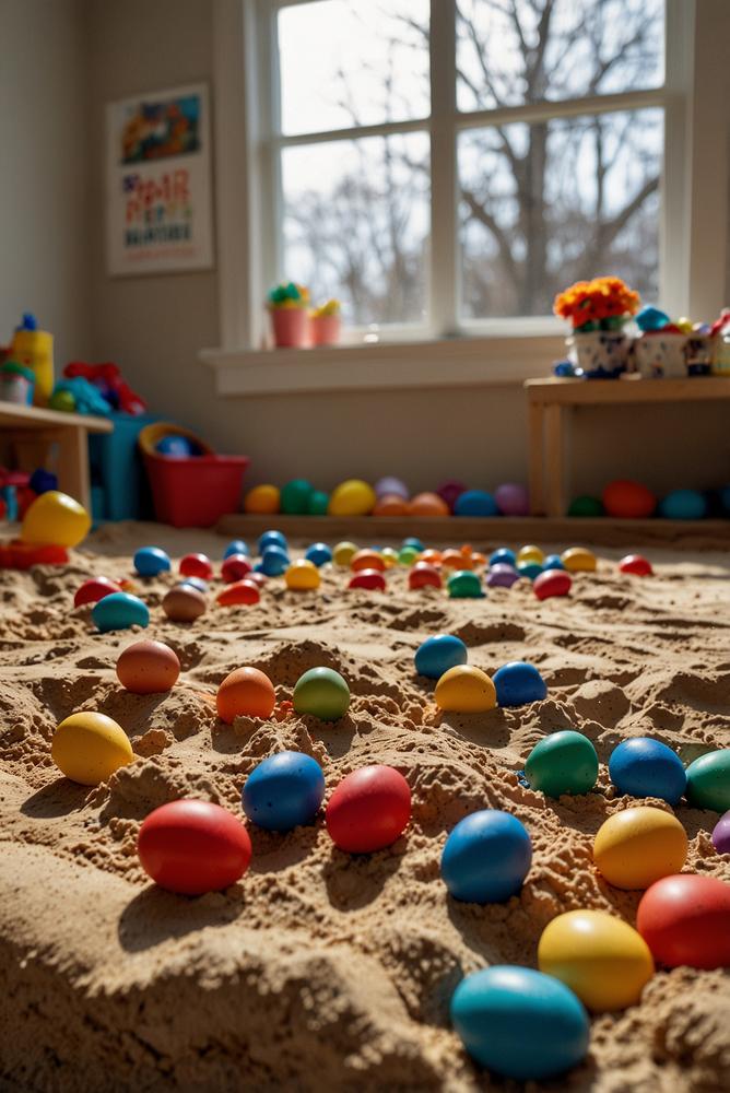 Heller Sandkasten mit bunten Ostereiern und Spielzeugen