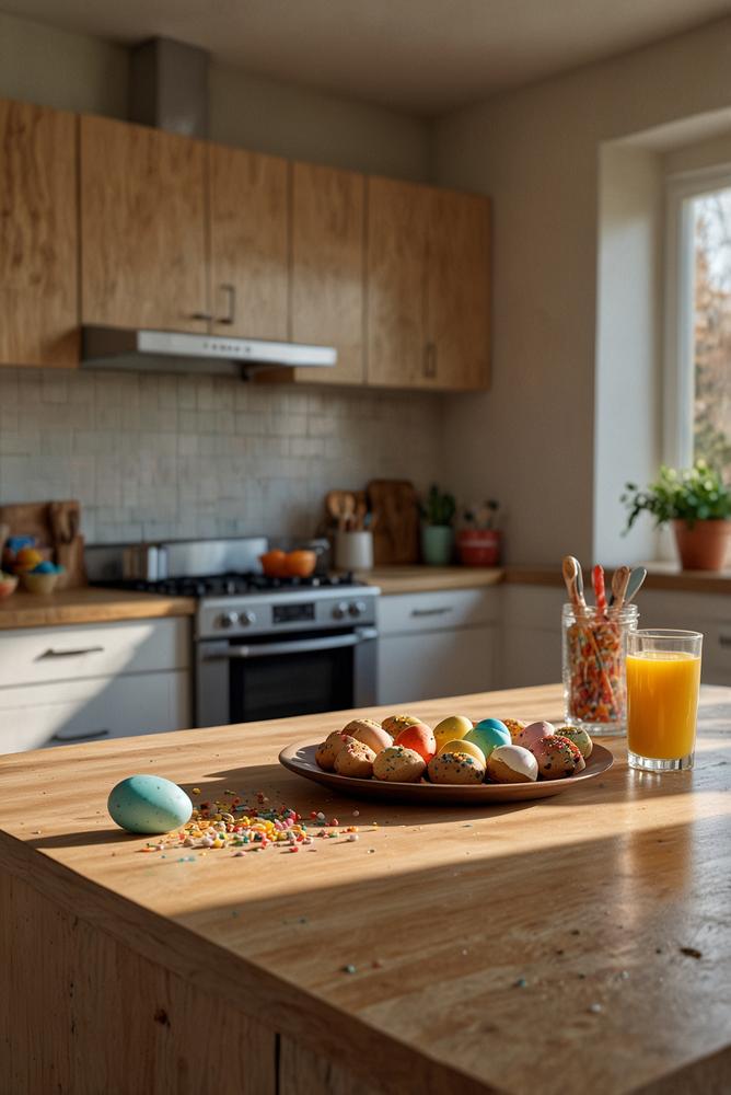Helles Bild von Familien beim Backen traditioneller Osterkekse