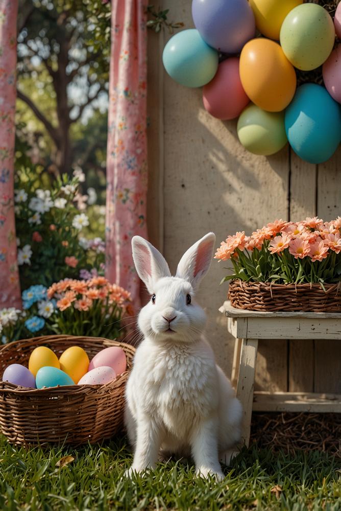 Helle Osterfotowand im Garten mit bunten Props