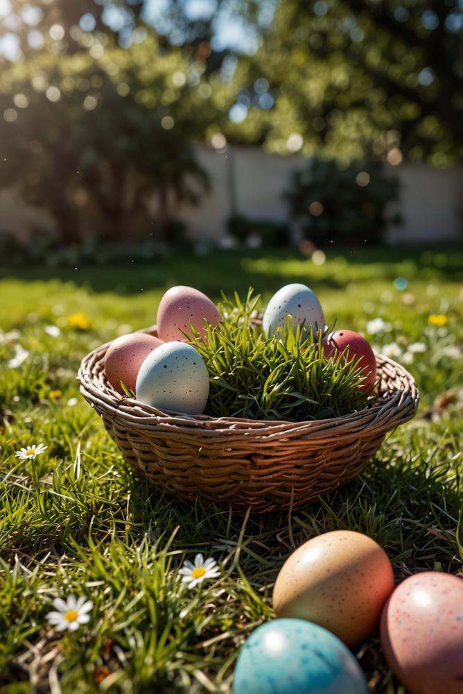 Heller Garten mit Osterquiz Schnitzeljagd und bunten Eiern