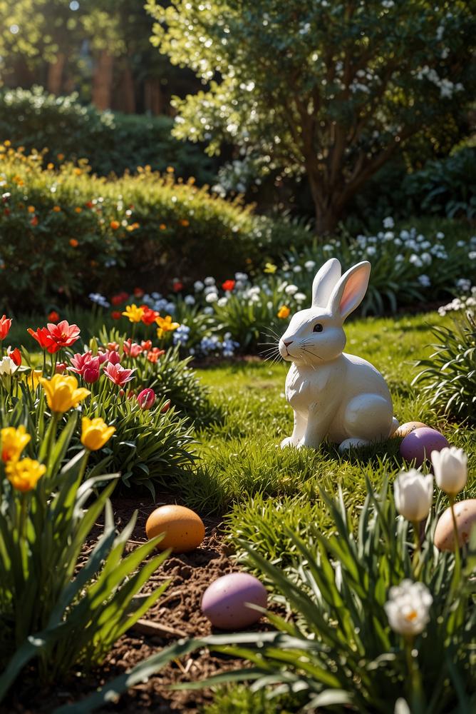 Heller Garten mit Osternestern und bunter Osterdeko