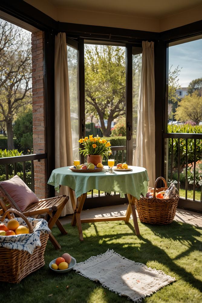 Helles Balkonpicknick mit Osterdeko und frischer Fruehlingssonne