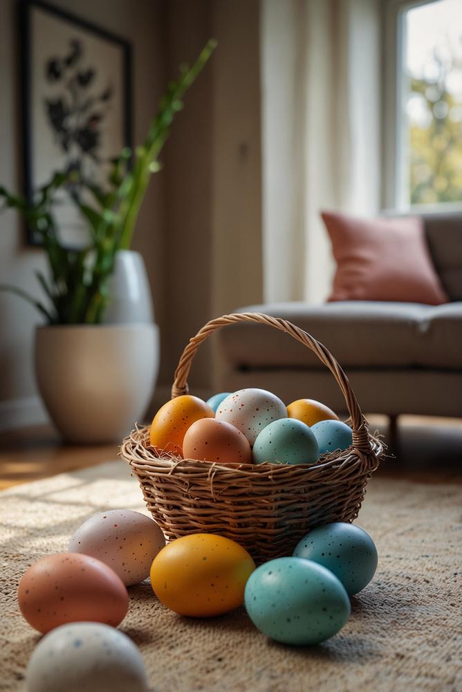 Lichtdurchfluteter Raum für Osterquiz mit Preisen und Familie