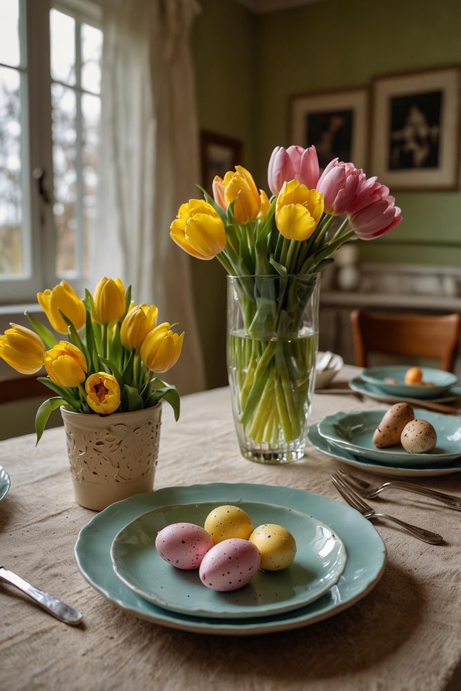 Heller, lichtdurchfluteter Ostertisch mit frischen Blumen und pastellfarbenen Dekoren