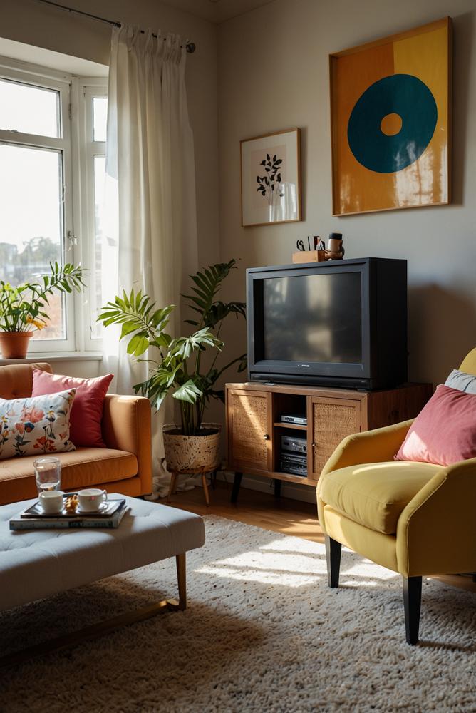 Helles, modernes Wohnzimmer mit Karnevalsmusik und Partyambiente