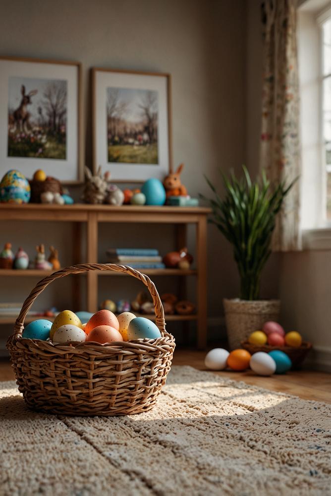 Helle, einladende personalisierte Osterkörbe in sonnigem Raum