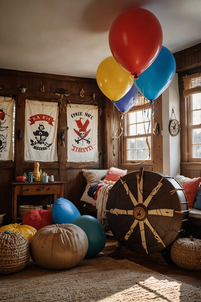 Helle Piratenschiff-Kajüte Kinderparty Deko mit Kissen