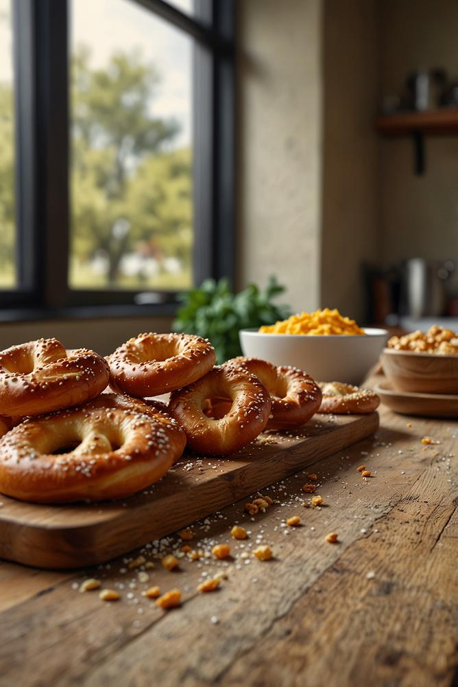Pretzel-Bites mit Senf als Karnevalssnack hell und einladend