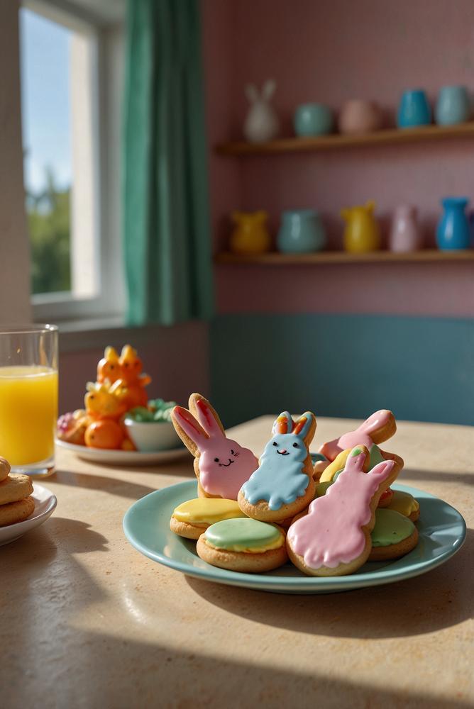 Bunte Regenbogen-Hasenkekse auf Teller im Sonnenlicht
