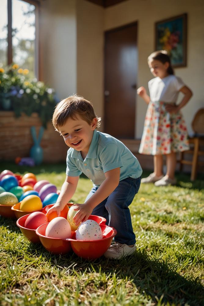 Kinder spielen Riesenloeffel-Eierlauf an Ostern