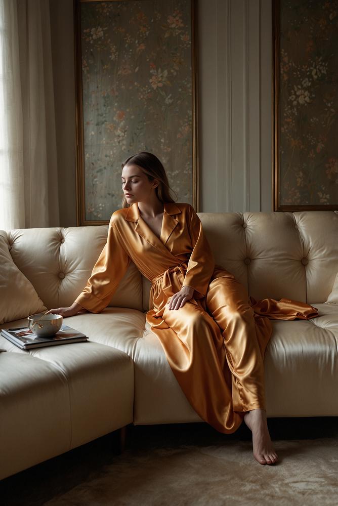 helles schlafanzug-outfit mit seidenpyjama und schlafmaske