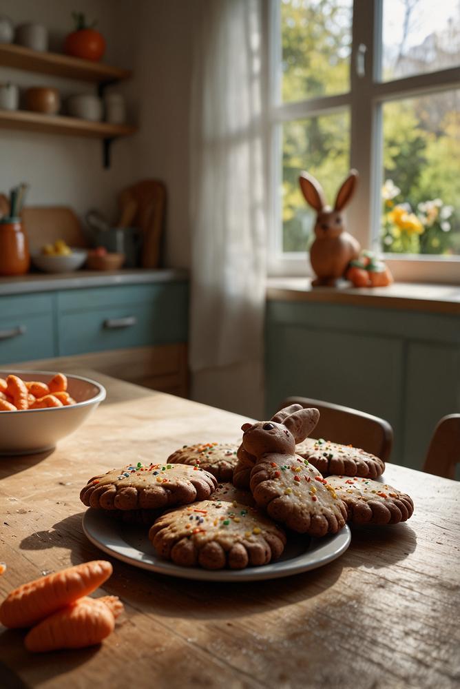 Schoko-Hasenkekse mit Karotten in Hasenform auf Holzplatte