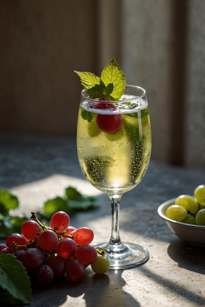 Sekt mit Farbsirup und frischen Trauben in hellem Raum