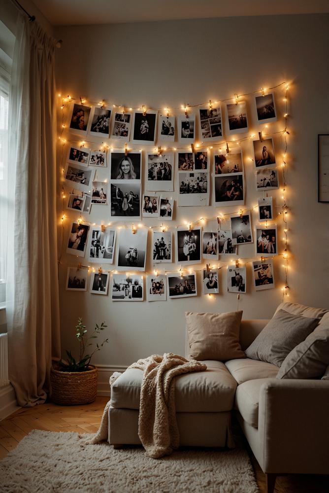 Helle Fotowand mit Sofortbildern für Geburtstagsfeier