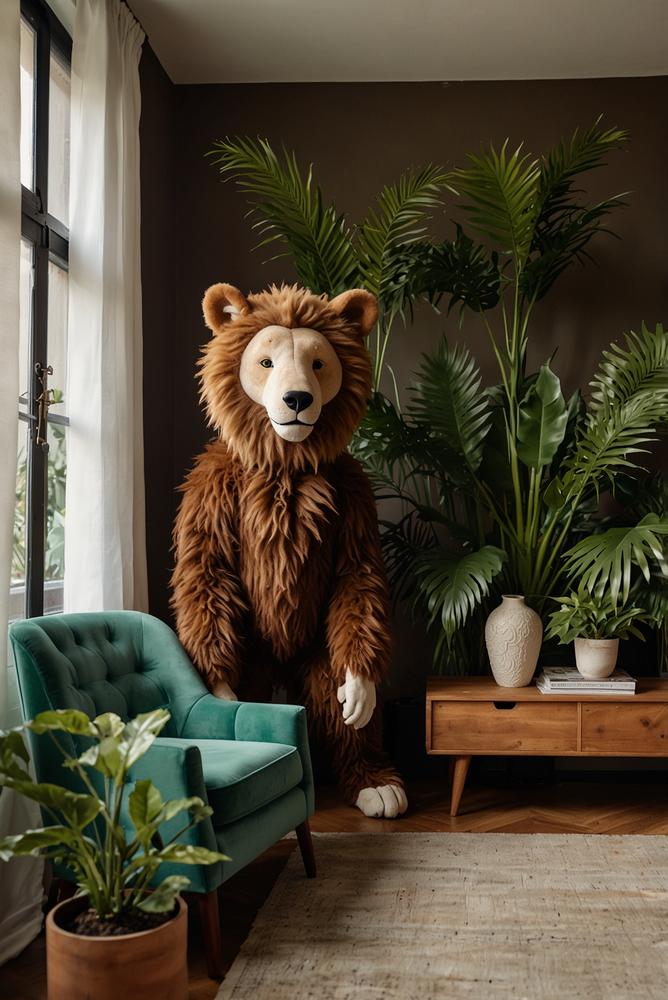 Helles Wohnzimmer mit Dschungel-Deko für Tierkostüm-Party