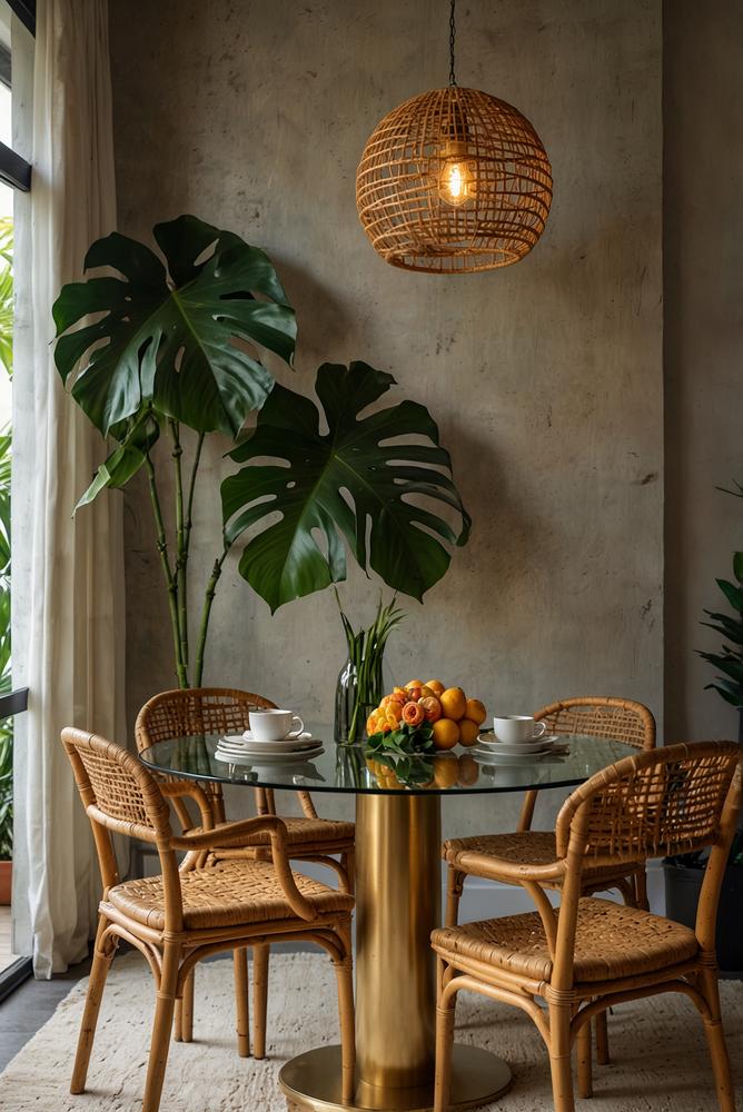 Heller Esstisch mit Ananas-Tischdeko und tropischem Ambiente
