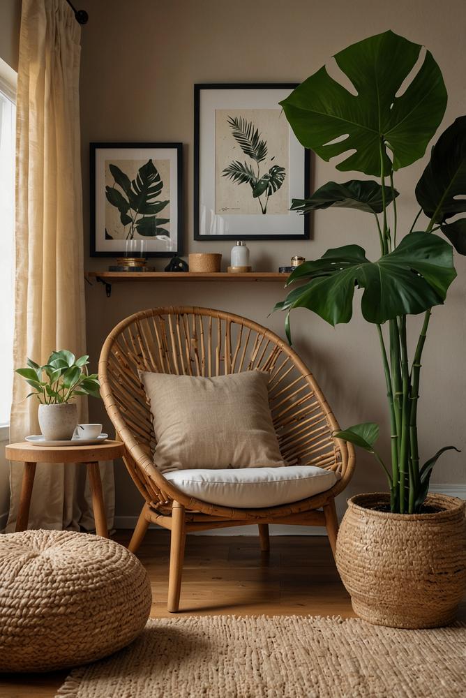 Helles Leseeck mit Rattan-Sessel und Monstera-Pflanze