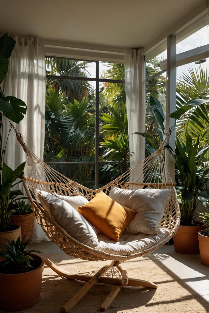 Rattan-Hängematte mit tropischen Pflanzen auf Balkon