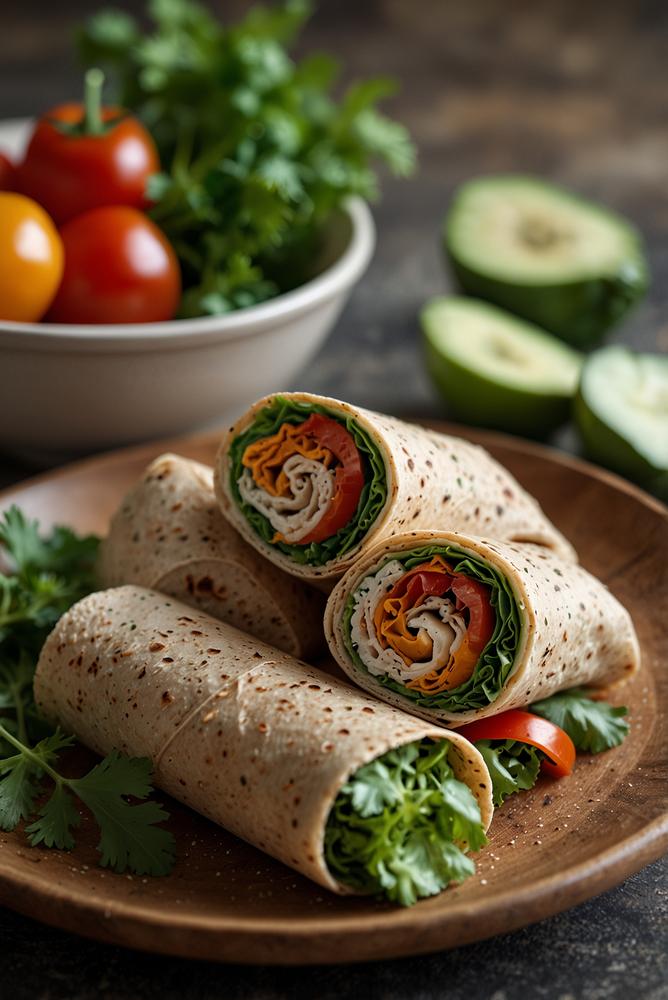Vegane bunte Wrap-Röllchen als Karnevalssnack hell und einladend