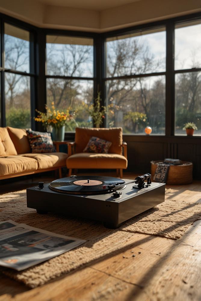 Stilvolle Vinyl-Party mit Plattenspieler im hellen Raum
