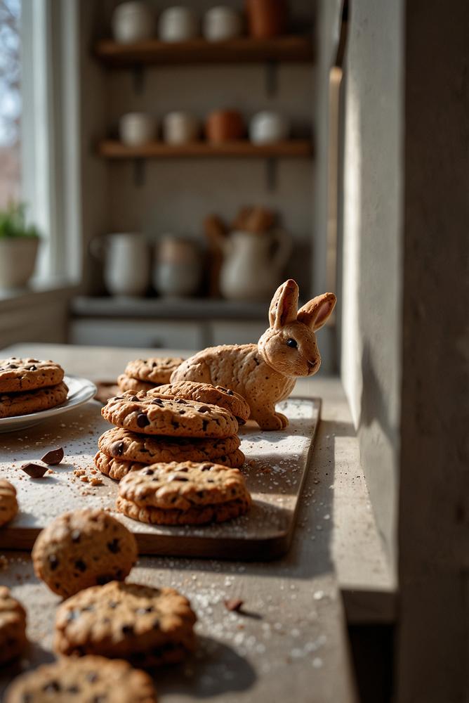Vollkorn-Hasenkekse mit Schokotropfen auf Backblech