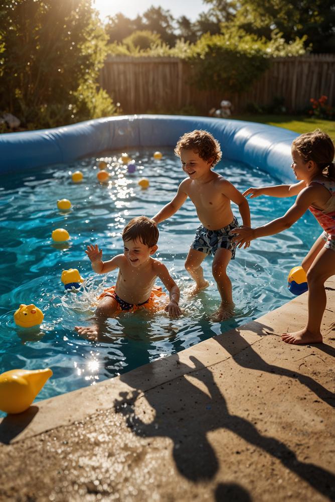 Kinder spielen Wasser-Eierlauf am Planschbecken