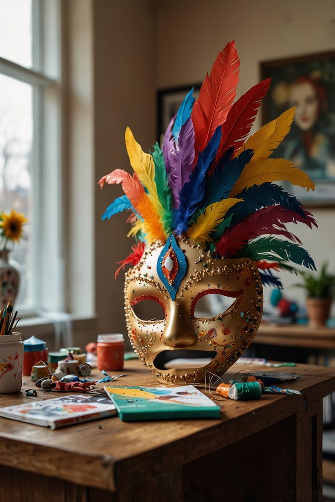 Helle Bastelstube für bunte Karnevalsmasken im Wohnzimmer