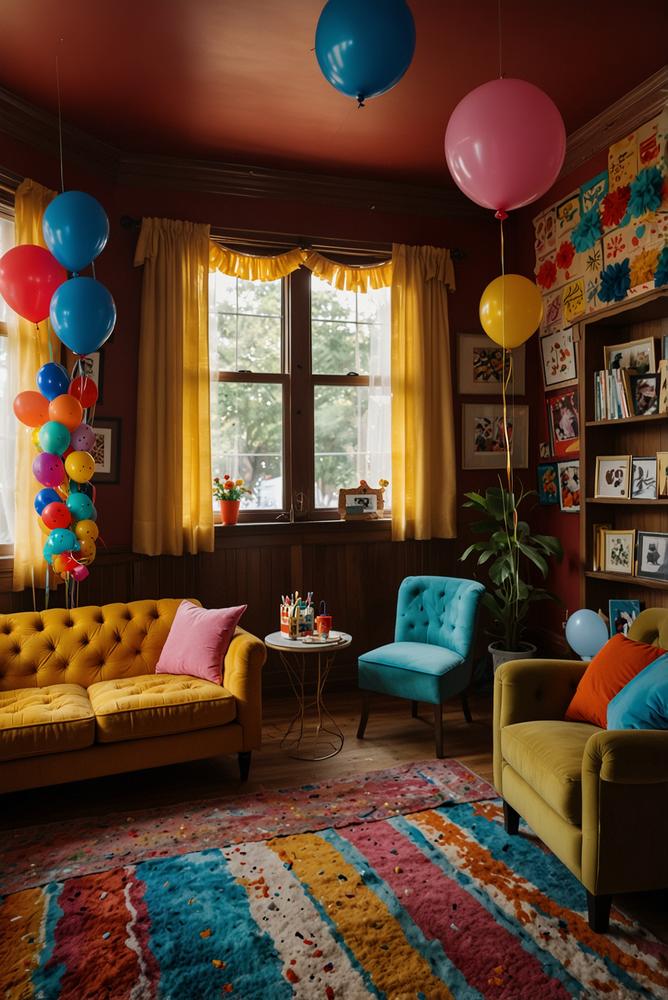 Helles Wohnzimmer mit Karnevalskaraoke und bunter Dekoration