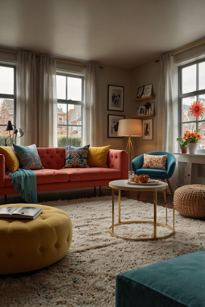 Helles Wohnzimmer mit Karnevalslivescreen und Dekoration