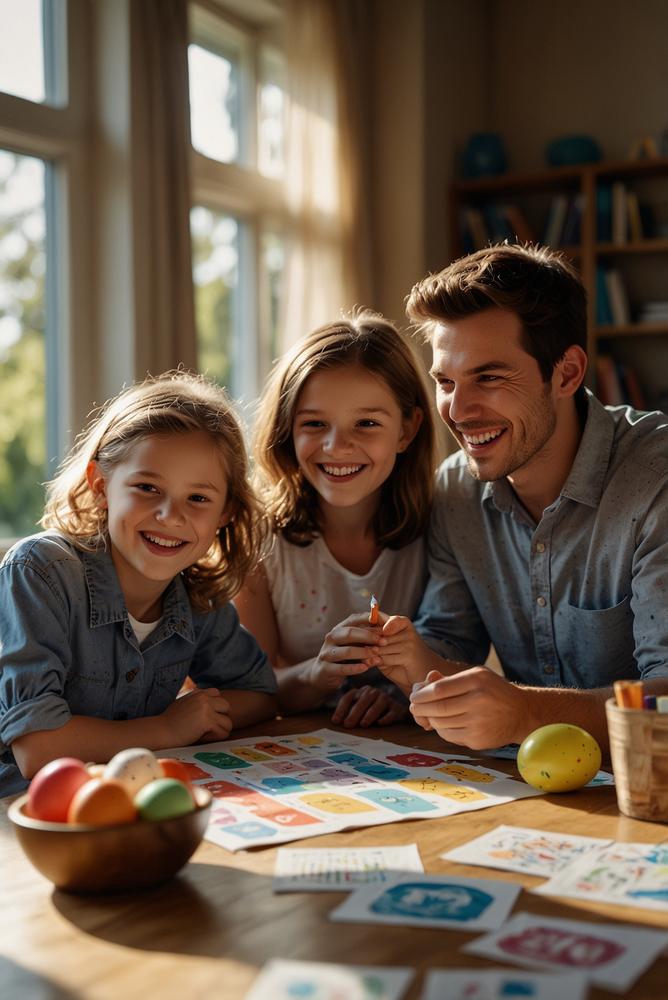 Hell erleuchtetes Wohnzimmer mit Osterquiz und Familie