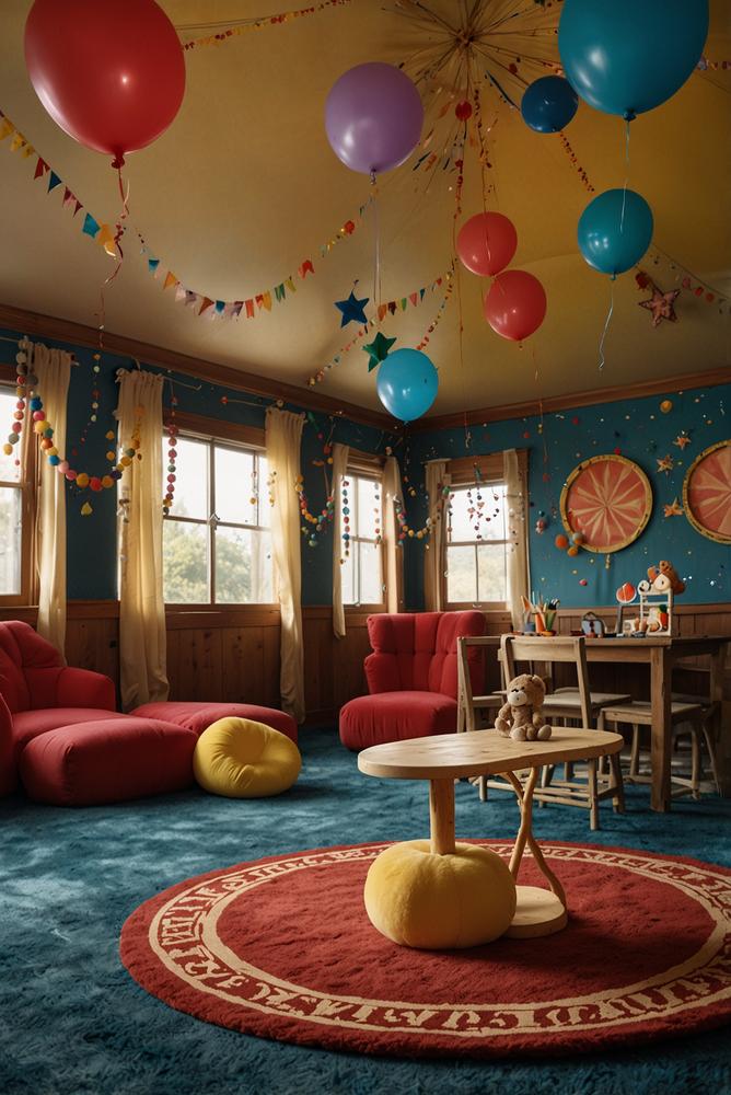 Helle Zirkusmanege im Wohnzimmer mit bunten Dekorationen