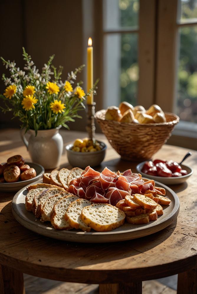 Helle Bauernkaese und Aufschnittplatte zum Osterbrunch