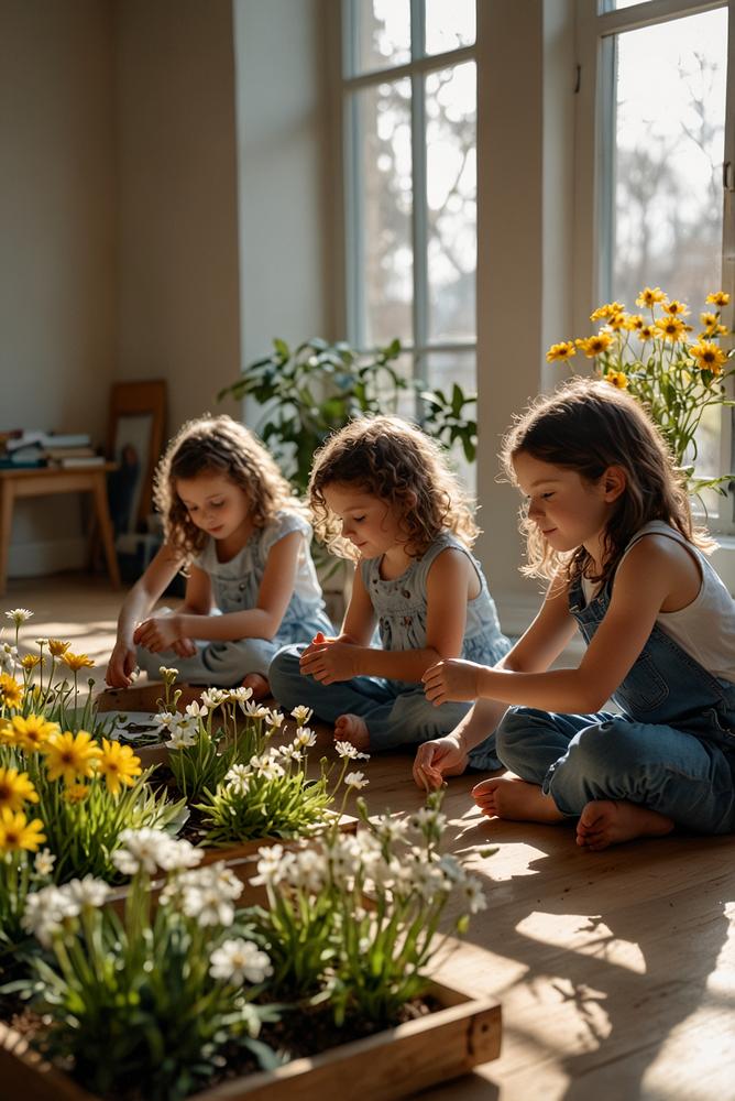 Kinder pressen Blumen und gestalten Herbarien im Frühling